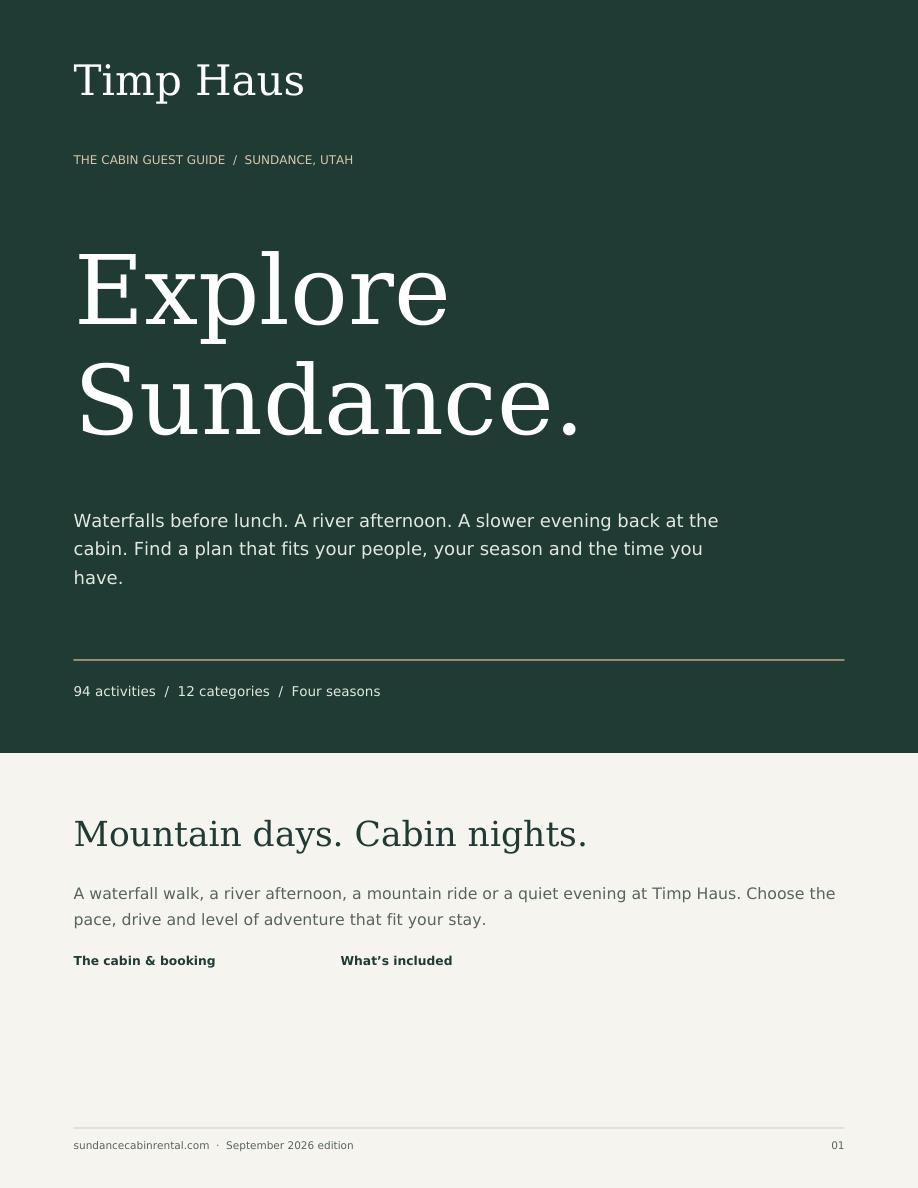 Explore Sundance, the Timp Haus cabin guest guide covering 94 activities in 12 categories