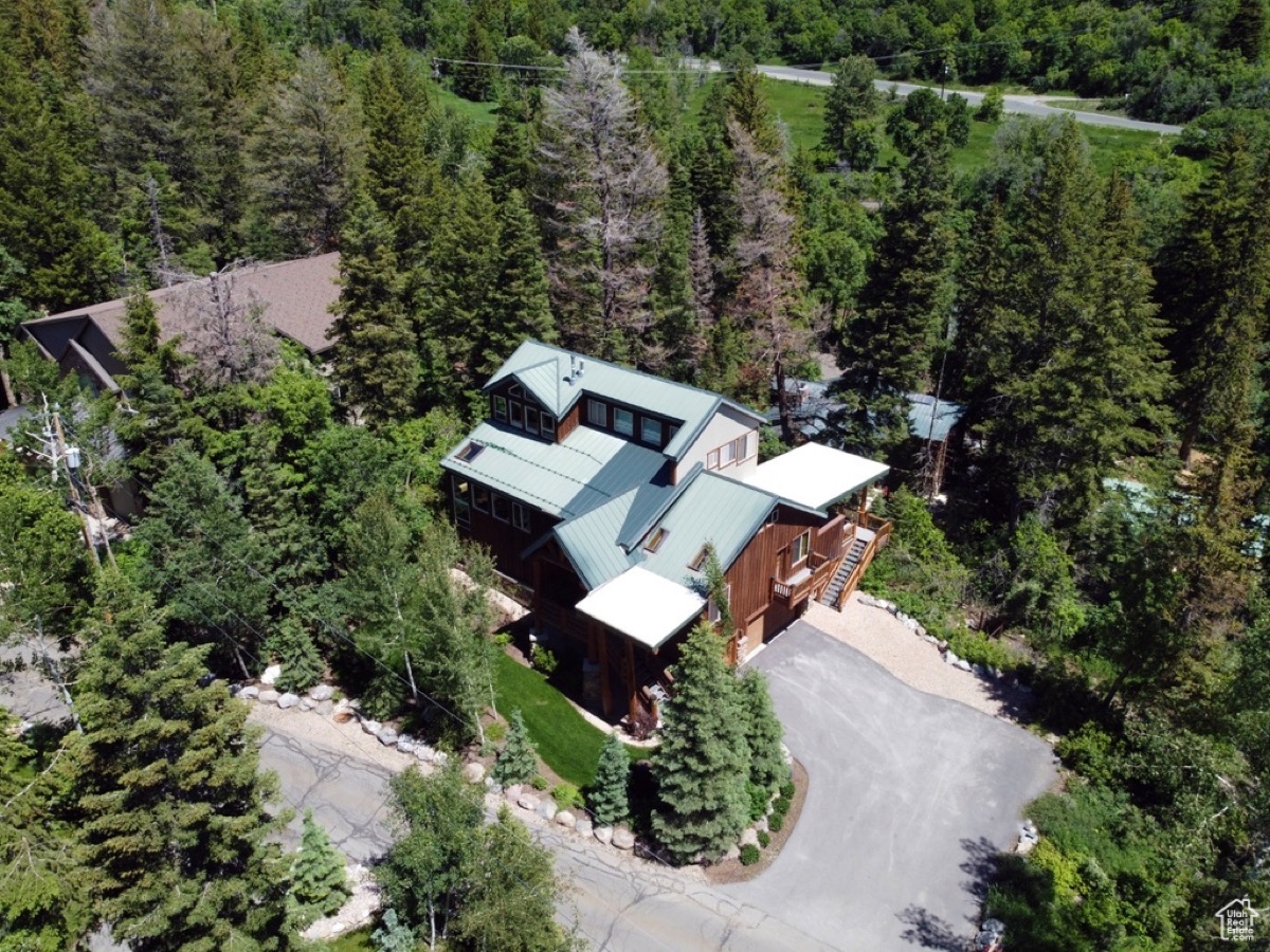 Aerial drone view of Timp Haus cabin in pine forest near Provo Canyon