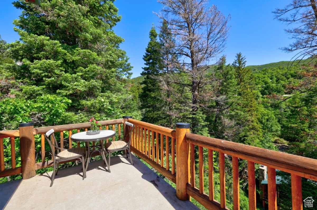 Deck at Timp Haus overlooking the forest — hot tub is steps away (photo shoot coming soon)